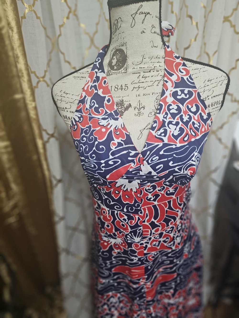 Halter-Neck Printed Maxi Dress in Navy & Red